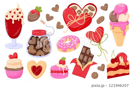 Valentine day sweets and desserts set with chocolate, candies, cupcakes, ice cream and heart shaped treats in cartoon style. Perfect for holiday design, packaging, and romantic card. Valentine day sweets and desserts set with chocolate, candies, cupcakes, ice cream and heart shaped treats in cartoon style. Perfect for holiday design, packaging, and romantic card. 121946207