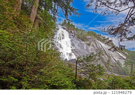 Shannon Falls near Vancouver with dramatic water cascade and green forest 121946279