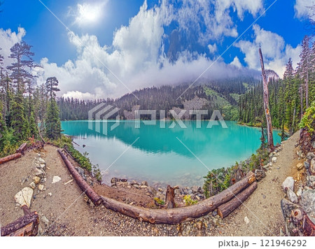 Hiking view near Mt Garibaldi with turquoise lake and dramatic clouds in the mountains 121946292
