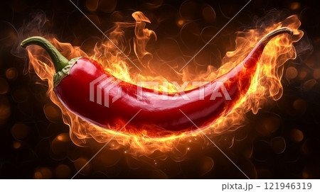 Vibrant red chili pepper surrounded by fiery flames creates striking visual display isolated on black background Vibrant red chili pepper surrounded by fiery flames creates striking visual display isolated on black background 121946319