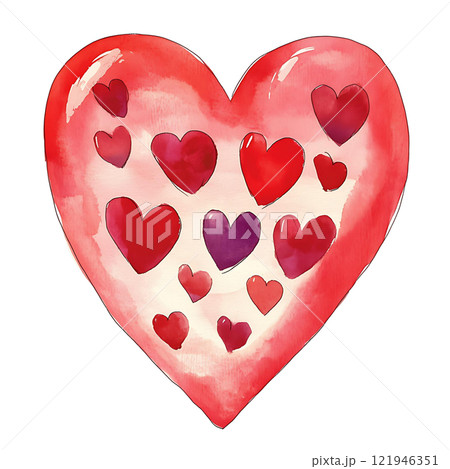 A red heart is surrounded by smaller hearts on a white background 121946351