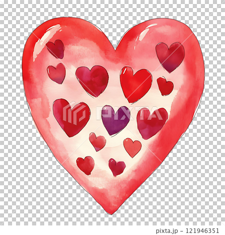 A red heart is surrounded by smaller hearts on a white background 121946351