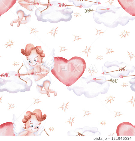Seamless pattern with cupids shooting from a bow on a white background. Watercolor illustration on the theme of Valentine's Day for cafe decoration, printing on postcards, fabric, packaging. Seamless pattern with cupids shooting from a bow on a white background. Watercolor illustration on the theme of Valentine's Day for cafe decoration, printing on postcards, fabric, packaging. 121946554