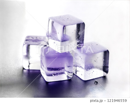 Transparent Ice Cubes with Water Droplets, Lavender Hue A collection of clear ice cubes with a soft lavender color. 121946559