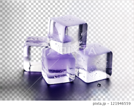 Transparent Ice Cubes with Water Droplets, Lavender Hue A collection of clear ice cubes with a soft lavender color. 121946559