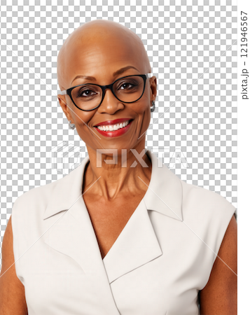 African woman aged 40-50 years old, wearing casual clothes, looking happy with glasses, with bald and red hair. 121946567