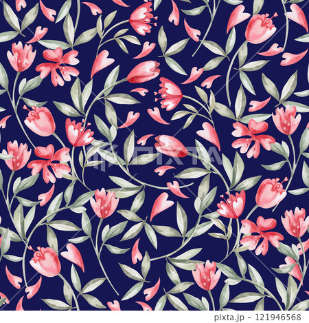 Seamless pattern with meadow flowers in a fairytale style on a blue background. Watercolor illustration on the theme of Valentine's Day for cafe decoration, printing on postcards, fabric, packaging. 121946568