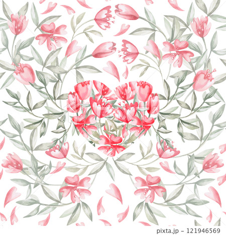 Seamless pattern with a heart of flowers on a white background. Watercolor illustration on the theme of Valentine's Day for cafe decoration, printing on postcards, fabric, packaging. 121946569