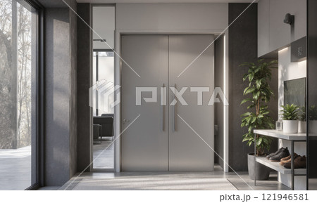 Tech-infused entryway in steel gray, with smart door systems that unlock with facial recognition and motion-activated lighting for enhanced security 121946581
