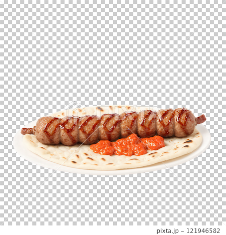 Cevapi Grilled Balkan minced meat sausages served with fluffy flatbread, diced onions, and a dollop of ajvar. Steam and crumbs Cevapi Grilled Balkan minced meat sausages served with fluffy flatbread, diced onions, and a dollop of ajvar. Steam and crumbs 121946582