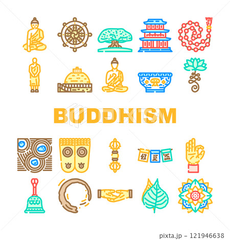 buddhism religion buddha thailand icons set vector 121946638