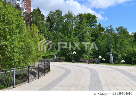 City boulevard with trees and a walking path 121946646