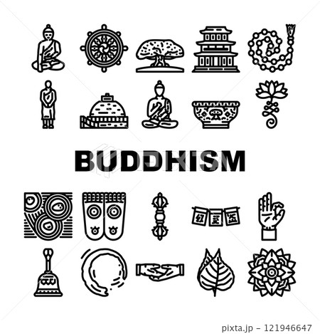 buddhism religion buddha thailand icons set vector 121946647