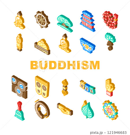 buddhism religion buddha thailand icons set vector 121946683