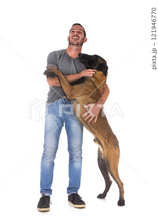 malinois and owner in studio 121946770