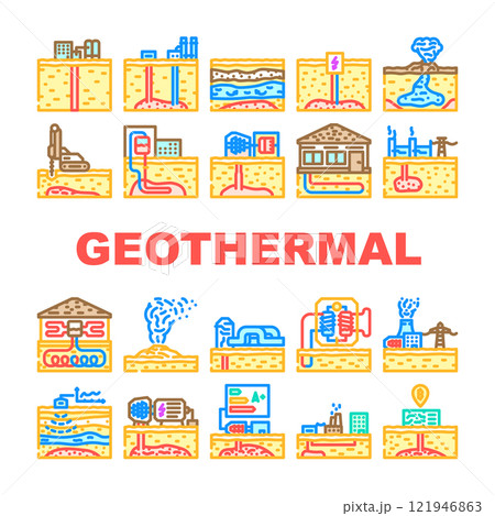 geothermal energy renewable heat icons set vector 121946863
