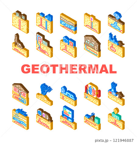 geothermal energy renewable heat icons set vector 121946887