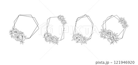 Peony flower geometric frames set. Black and white line art minimal floral peony borders vector illustration 121946920
