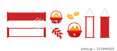 Set of red Chinese New Year Festive Decorations with Scrolls, Firecrackers, and Gold Ingot Oranges Prosperity Baskets vector illustration Set of red Chinese New Year Festive Decorations with Scrolls, Firecrackers, and Gold Ingot Oranges Prosperity Baskets vector illustration 121946928