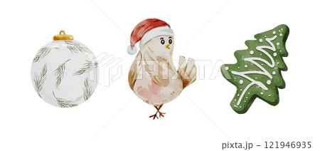 Christmas bird with Santa hat holiday ornament and tree cookie isolated on white background vector illustration 121946935