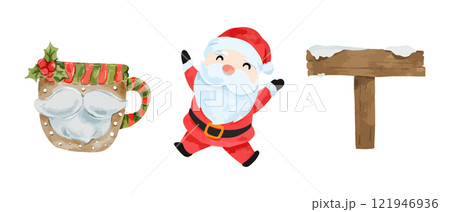 Cute cheerful Santa, festive mug, and snowy signpost in a Christmas vector isolated on white background vector illustration 121946936