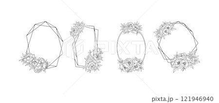 Peony flower geometric frames set. Black and white line art minimal floral peony borders vector illustration 121946940