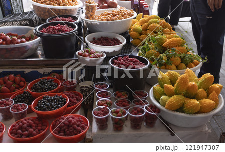 fruit and bitter melon is on sale in chorsu bazaar at Uzbekistan fruit and bitter melon is on sale in chorsu bazaar at Uzbekistan 121947307