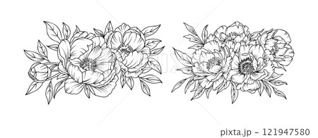 Peony flower arrangement line art on white background. Silhouette botanical hand drawn element for wedding, invitation frame design, vector illustration 121947580