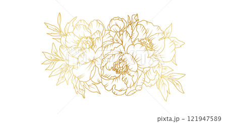 Golden peony flowers line art isolated on white background. Luxury floral design elements for invitation, wedding, wallpaper, print template, vector illustration Golden peony flowers line art isolated on white background. Luxury floral design elements for invitation, wedding, wallpaper, print template, vector illustration 121947589