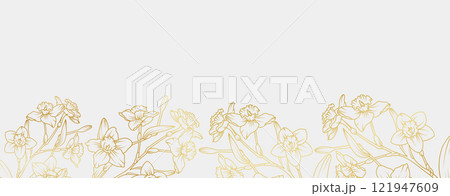 Luxury gold Narcissus flowers background. Daffodil Floral pattern tropical in line art style for greeting, invitation, wedding card, wall art, wallpaper and print. Vector illustration 121947609