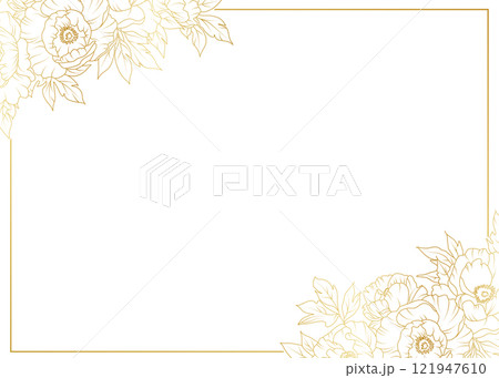 Luxury gold peony flowers border frame background. Floral pattern tropical in line art style for greeting, invitation, wedding card, wall art, wallpaper and print. Vector illustration Luxury gold peony flowers border frame background. Floral pattern tropical in line art style for greeting, invitation, wedding card, wall art, wallpaper and print. Vector illustration 121947610