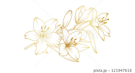 Golden lily flowers line art isolated on white background. Luxury lilies floral design elements for invitation, wedding, wallpaper, print template, vector illustration 121947618