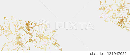 Luxury gold lily flowers background. Floral pattern tropical in line art style for greeting, invitation, wedding card, wall art, wallpaper and print. Vector illustration 121947622