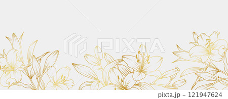 Luxury gold lily flowers background. Floral pattern tropical in line art style for greeting, invitation, wedding card, wall art, wallpaper and print. Vector illustration Luxury gold lily flowers background. Floral pattern tropical in line art style for greeting, invitation, wedding card, wall art, wallpaper and print. Vector illustration 121947624