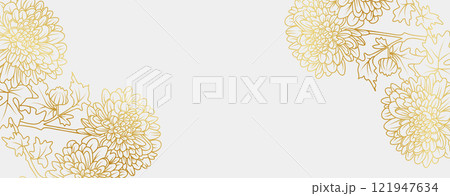 Luxury gold Chrysanthemum flowers background. Floral pattern tropical in line art style for greeting, invitation, wedding card, wall art, wallpaper and print. Vector illustration 121947634