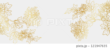 Luxury gold Chrysanthemum flowers background. Floral pattern tropical in line art style for greeting, invitation, wedding card, wall art, wallpaper and print. Vector illustration 121947635