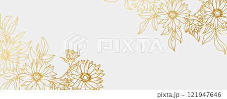 Luxury gold Aster flowers background. Floral pattern tropical in line art style for greeting, invitation, wedding card, wall art, wallpaper and print. Vector illustration 121947646
