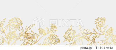 Luxury gold Aster flowers background. Floral pattern tropical in line art style for greeting, invitation, wedding card, wall art, wallpaper and print. Vector illustration Luxury gold Aster flowers background. Floral pattern tropical in line art style for greeting, invitation, wedding card, wall art, wallpaper and print. Vector illustration 121947648