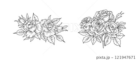 Rose flower arrangement line art on white background. Silhouette roses botanical hand drawn element for wedding, invitation frame design, vector illustration 121947671