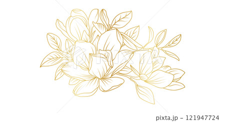 Golden magnolia flowers line art isolated on white background. Luxury magnolia floral design elements for invitation, wedding, wallpaper, print template, vector illustration Golden magnolia flowers line art isolated on white background. Luxury magnolia floral design elements for invitation, wedding, wallpaper, print template, vector illustration 121947724