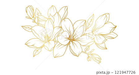 Golden magnolia flowers line art isolated on white background. Luxury magnolia floral design elements for invitation, wedding, wallpaper, print template, vector illustration Golden magnolia flowers line art isolated on white background. Luxury magnolia floral design elements for invitation, wedding, wallpaper, print template, vector illustration 121947726