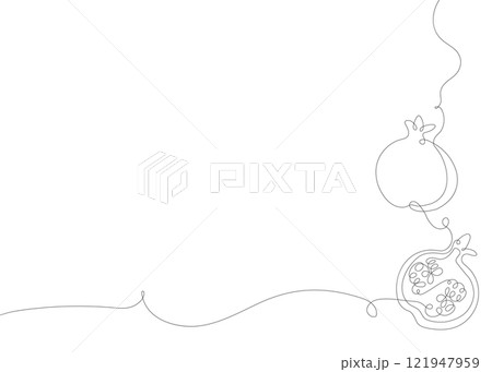 Pomegranate continuous line background. One single line organic healthy food concept. Minimalism modern style graphics design Pomegranate continuous line background. One single line organic healthy food concept. Minimalism modern style graphics design 121947959