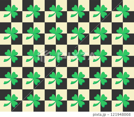 Irish clover checkered seamless pattern. Tree leaves traditional symbol of good luck, fortune. St. Patricks spring Celtic culture celebration. Cute vector illustration background Irish clover checkered seamless pattern. Tree leaves traditional symbol of good luck, fortune. St. Patricks spring Celtic culture celebration. Cute vector illustration background 121948008