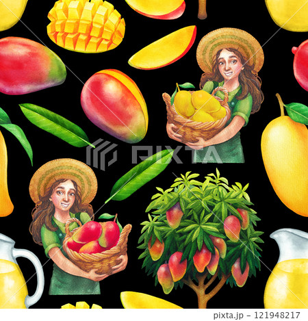 Pattern of watercolor jug of juice, mangoes, leaves, girl a tree 121948217