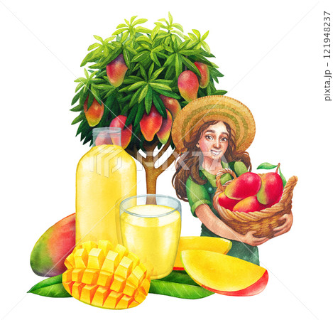 Watercolor glass and bottle of juice, mangoes, girl and a tree behind 121948237