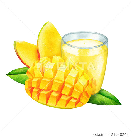 Watercolor composition of glass of juice, sliced and diced mangoes on a leaves. 121948249