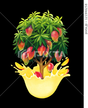 Lush watercolor mango tree grows from splashes of juice. Lush watercolor mango tree grows from splashes of juice. 121948258
