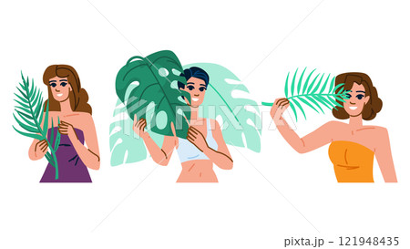 exotic tropical leaves woman vector 121948435