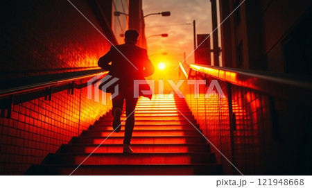 A man runs along the glowing stairs after sunset 121948668