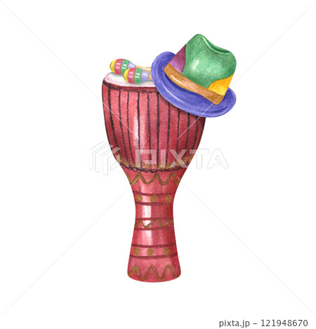 Djembe drum with colored maracas and carnival hat watercolor illustration. Traditional ethnic music percussion instruments. Mardi Grass, Brazilian parade. For greeting card, poster 121948670
